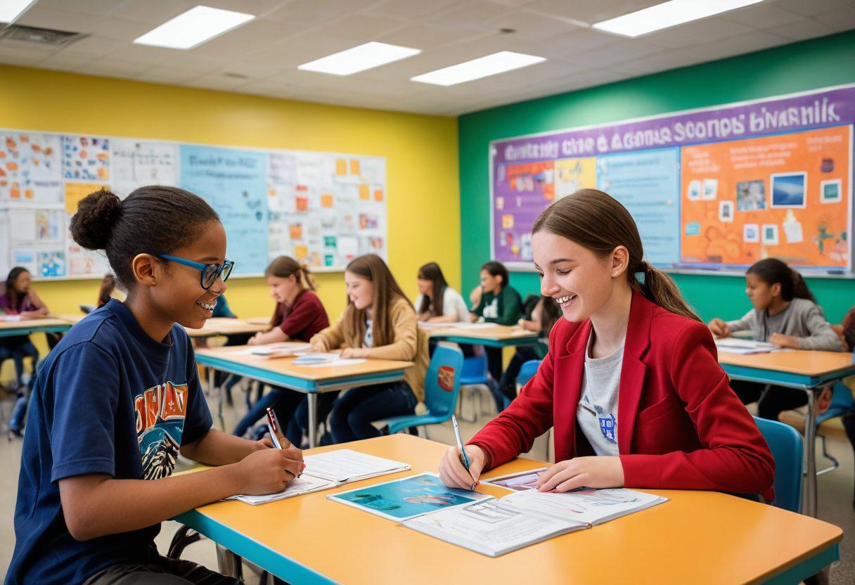 A dynamic classroom scene featuring diverse students actively engaged in innovative learning activities like group discussions, hands-on experiments, and digital learning tools. Emphasize an inspiring atmosphere with bright colors, motivational posters on the walls, and a mentor encouraging students. The setting should represent empowerment, collaboration, and creativity. vibrant colors. super-realistic.