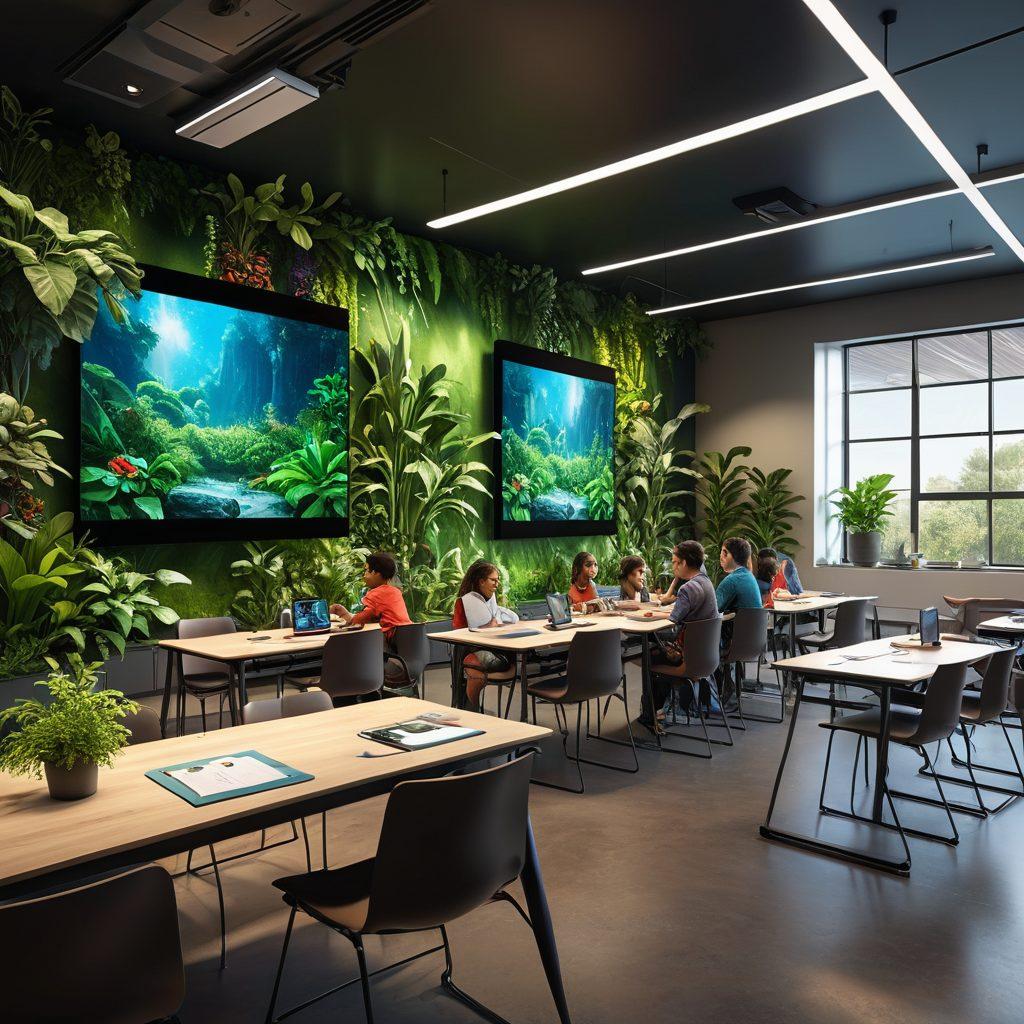 A futuristic classroom filled with diverse students engaging with advanced technology, such as holographic displays and interactive learning tools. There are visible elements that symbolize teamwork, like students collaborating on a digital platform. The environment is bright, filled with plants, and has a welcoming atmosphere. Illustrate the idea of innovation and support in education. vibrant colors. 3D. super-realistic.