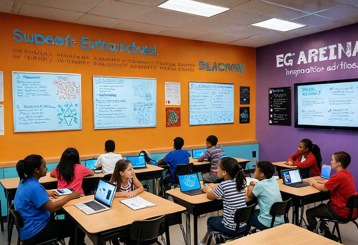 A dynamic classroom setting showcasing diverse learners engaged in interactive activities, with futuristic teaching tools like holographic displays and tablets. Brightly colored walls adorned with inspiring quotes and collaborative projects, surrounded by educators facilitating and encouraging participation. An atmosphere of innovation and empowerment radiating throughout the image. super-realistic. vibrant colors. educational theme.